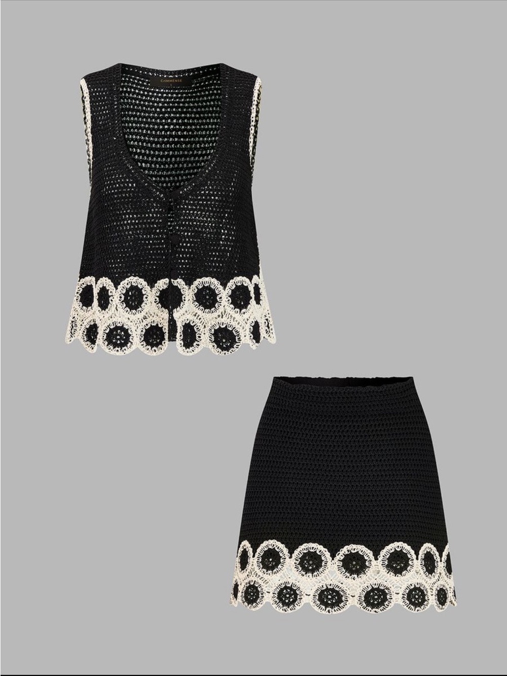Commense Black Crochet Lace Trim Sleeveless Vest & Mini Skirt Set - Picture 2 of 8